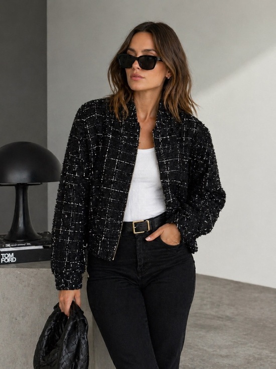 Mango Jackets & Blazers - ✨ MANGO Textured Tweed Bomber Jacket | Black & White | Size Small (Oversized) ✨